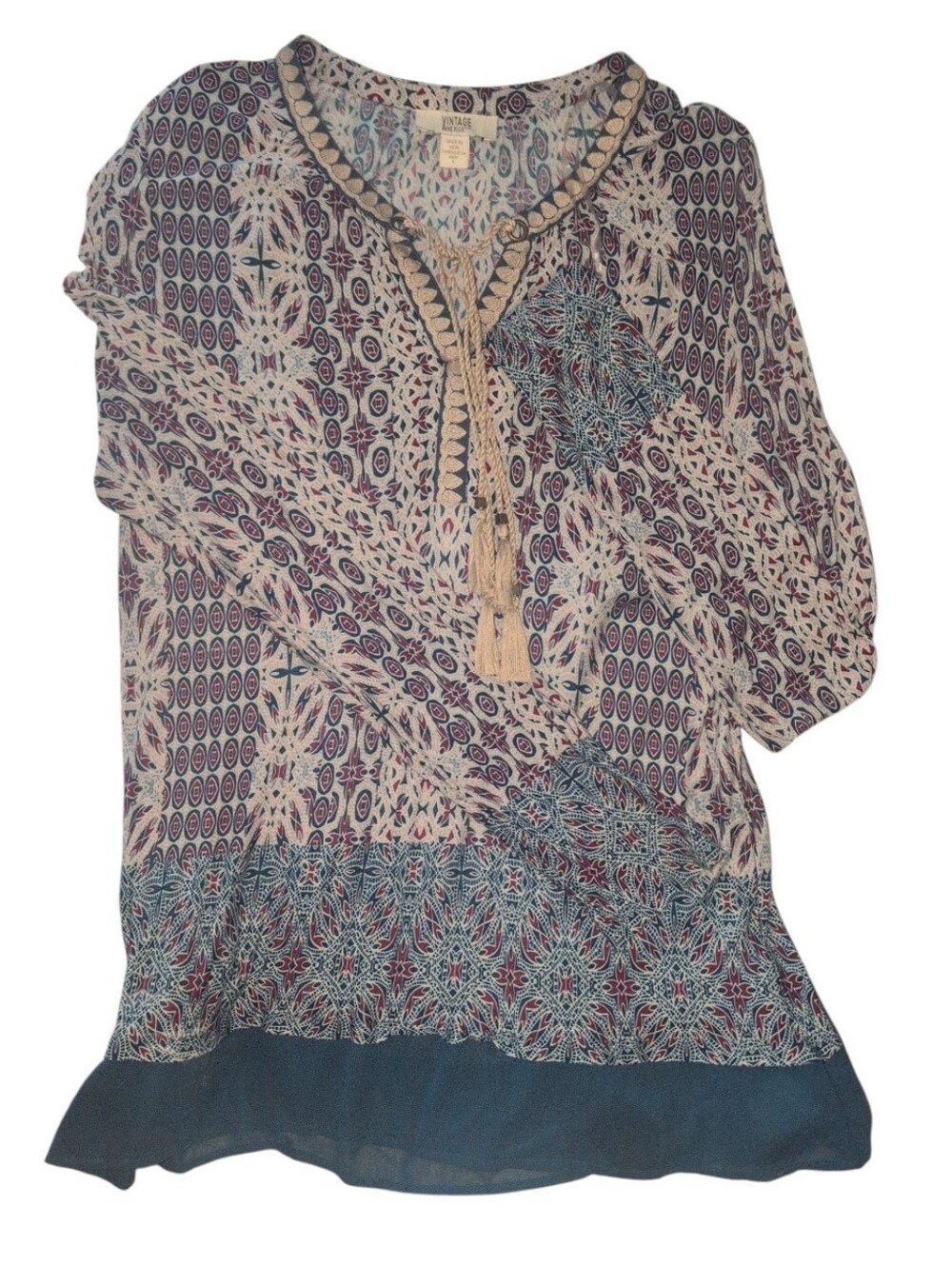 Vintage America Chelsea Boho Peasant Blouse Lace Trim Long Sleeves Tassels L